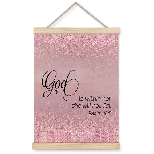 XUNLURY Glitter Pink Christian Poster Hanger Frame, God Is Within Her She Will Not Fail Bible Verse Canvas Wall Art, Religious Wall Decor for Home Office Girls Room Dorm, 12x16 Inch