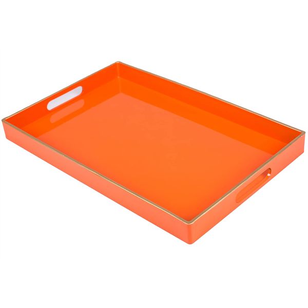 MAONAME Orange Serving Tray with Handles, Modern Decorative Tray for Coffee Table, Plastic Rectangular Tray for Ottoman, Bathroom, Halloween Decor, 15.75” x 10.2” x1.57