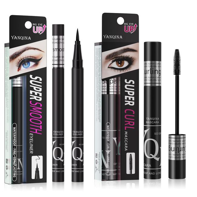 2pcs Black Eyeliner Pen, Black Mascara Cream, Waterproof Eyeliner Pen, 4d Waterproof Mascara Cream,Eye Makeup Bundle - Black Mascara & Eyeliner Set