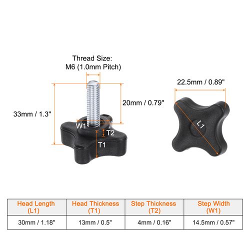 HARFINGTON 2pcs Star Knobs M6 x 20mm Male Thread Plastic 4-Star Stud Knob Hand Tightening Clamping Screw Replacement Threaded Handle, Black