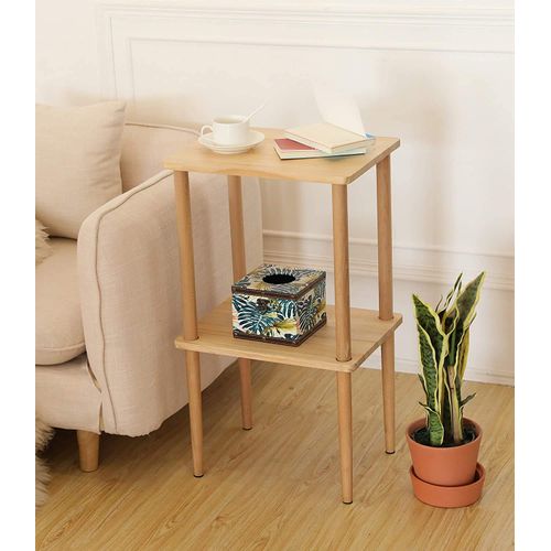 exilot Solid Wood Side Table, 2-Tier End Table with Storage Shelves, Tall Nightstand Bedside Table for Living Room Bedroom Office No-Tool Assembly