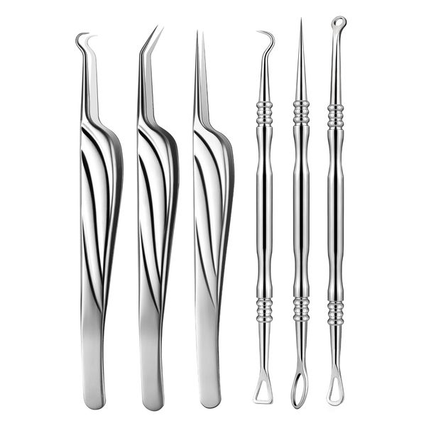 FVION Blackhead and Acne Extractor Kit, Professional Pimple Popper Tool Kit, Acne Tweezers and Blackhead Remover Tools for Face, 6 PCS Surgical Extractor Pimple Popping Tools