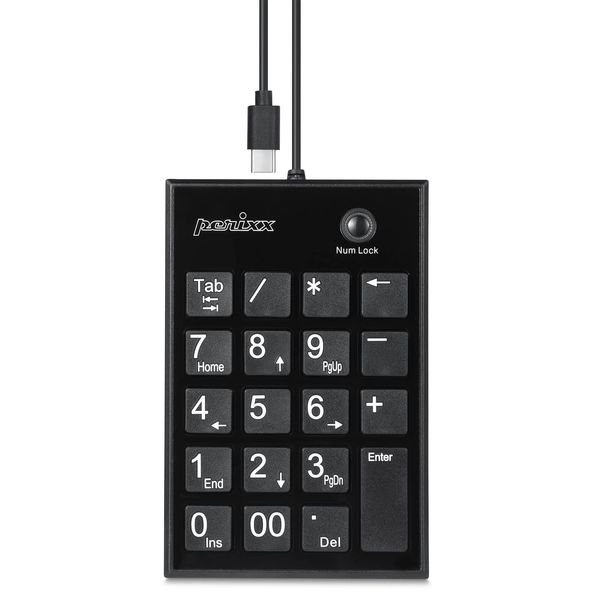 Perixx PERIPAD-202C Wired Type C Keypad - Pantograph Keys, Thin Type, Includes 2 USB Hubs, Tablet/PC Compatible, Black (Type-C Connection)
