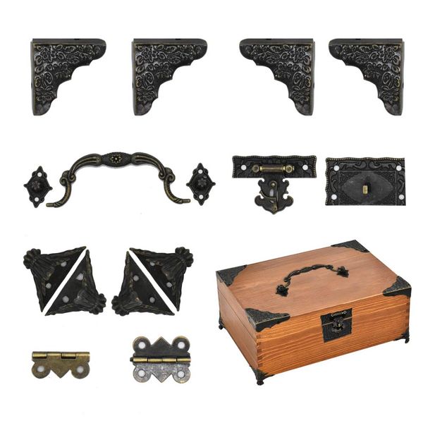 Jewelry Box Antique Lock Latch Hasp Hinges Handle Box Corner Protectors Kit for DIY Jewelry Box Bronze Tone 2 Sets 24Pcs