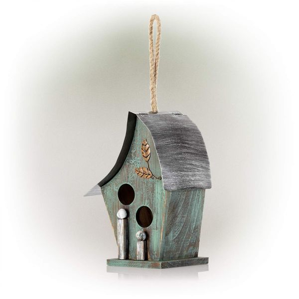 Alpine Corporation YEN134HH-TUR Wooden Birdhouse Outdoor Decor for Garden, Patio, Deck, Porch, 8"L x 6"W x 12"H with Rope: 21”H, Turquoise