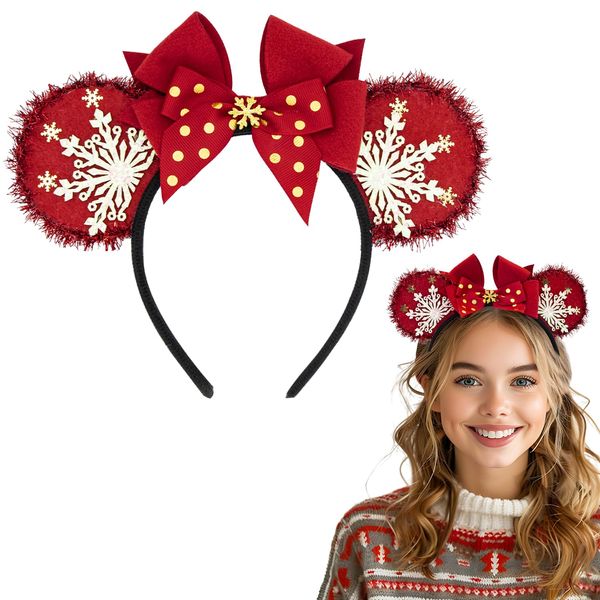 Christmas Headband, Christmas Mouse Ears Headband for Women Girls Snowflake Christmas Ears Bow Hair Hoop Cute Xmas Hair Accessories for Xmas Holiday Party Decoration Y7XHMQFG