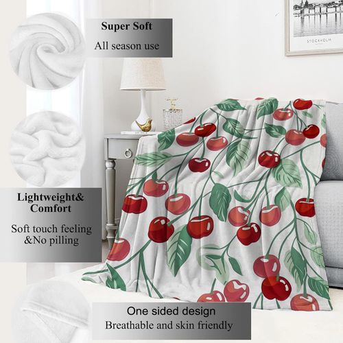VODRM Cherry Blanket Fresh Red Fruit Throw Blankets with Green Leaves,Birthday Gifts for Kids Adult Women,Lightweight Soft Fleece,for Sofa Couch Bed Room Farmhouse Summer Decor 50x60in