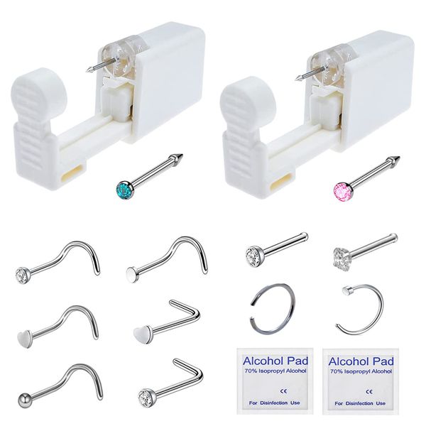 Nose Piercing Gun Kit - 2 Pack Nose Piercing Kit Safety Disposable Nose Percinging Kit with 10 Pcs Nose Rings Stud Self Piercings Kits Nose Piercing (Pink)