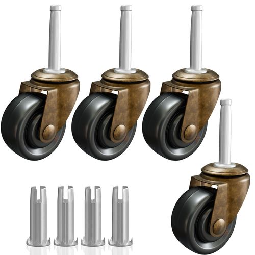Antique Brass Casters with Rubber Wheels 1-5/8" Stem Caster Replacement for Chairs, Sofa, Dresser | Vintage Furniture Rollers for Hardwood Floor Set of 4