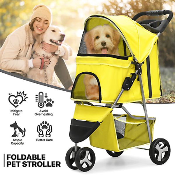 Yellow Folding Dog Cat Stroller Portable Pet Carrier Cart w/Adjustable Sunshade