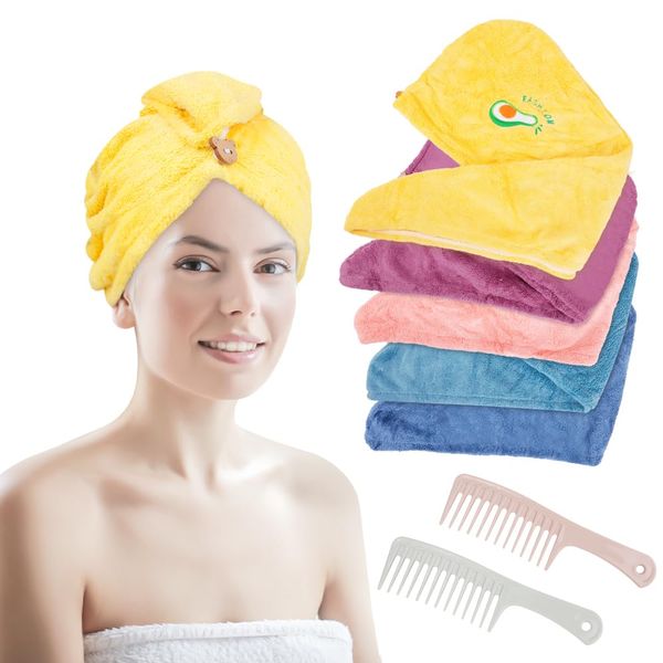 HMIEPRS 5PCS Rapid Hair Drying Towels and 2 Combs, Microfiber Hair Towel with Button and Embroidery, Super Absorbent Soft Hair Towel Wrap Turban for Curly Long Thick Dry or Wet Hair (5 Colors)