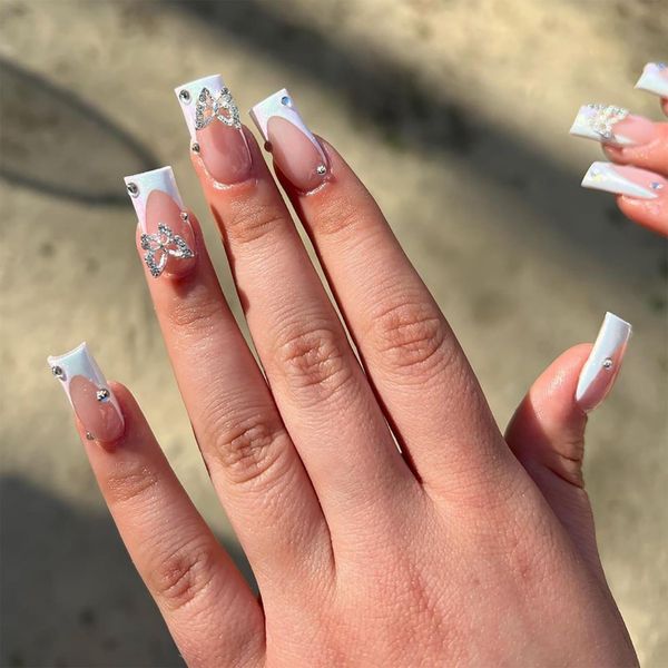 24pcs French Tip False Nails Medium Square White Edge Press on Nails Rhinestone Butterfly Fake Nails Glue on Nails Removable Stick on Nails Acrylic Full Cover Nails Women Nail Art Accessories