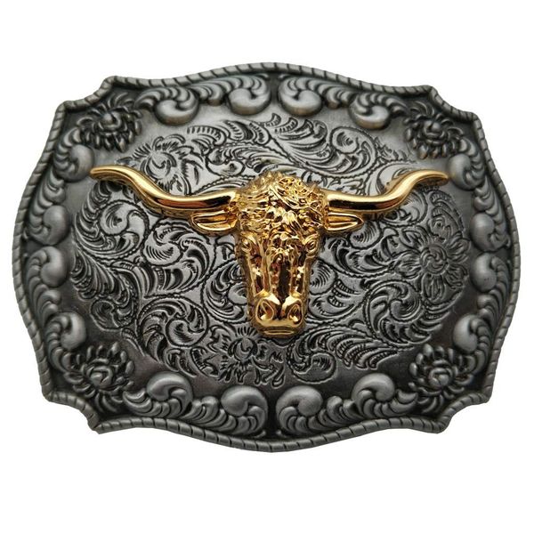 Xwest Western Cowboy 4x3 inches Golden Texas Longhorns Bull Metal Belt Buckle