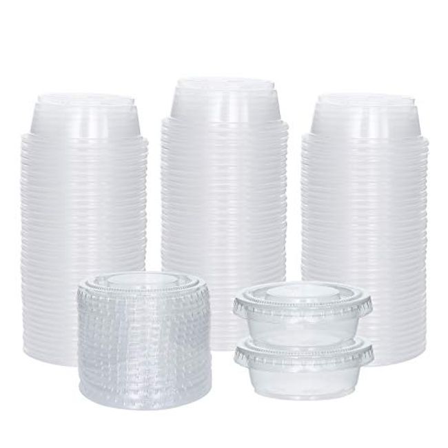 Condiment Cups with Lids, 100 Sets per Pack: Small Plastic Containers for  Salad Dressings, Sauce and Jello Shots at Home, Work and Restaurants