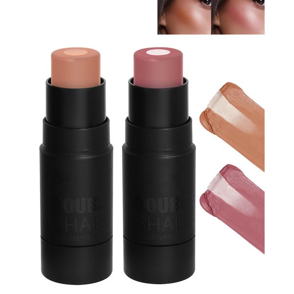 2Pcs Cream Blush Stick, 2-In-1 Versatile Rouge & Highlighter Stift Für Die Wangen, Bronzer Stick Creme Contouring Blush, Langanhaltend Wasserfest Natürlich Glow Finish Blusher Stick Frauen Make Up-1+2