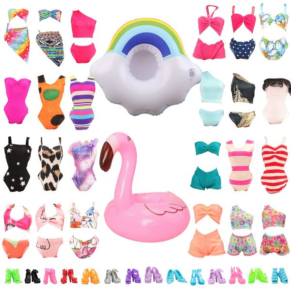 BARWA 12 Items 5 Psc Swimsuits Bathing Clothes Bikini One Piece with 2 Pool Floaties with 5 Shoes for 11.5 inch Doll