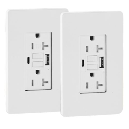 2-Pack Trekstar GFCI 20A Duplex Wall Outlet with Built-in USB Type A & C 24W Fast Charging Port for Smart Devices, Self-Test with LED Indicator, Tamper Resistant, Wall Plate Included