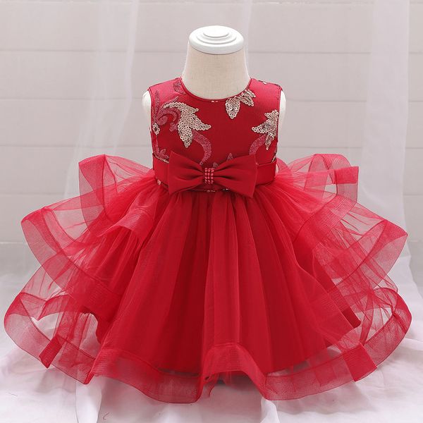 Baby Girl Sequins Patched Design Sleeveless Tutu Style Baptism Birthday Dress - 73 (6-9M) / Red