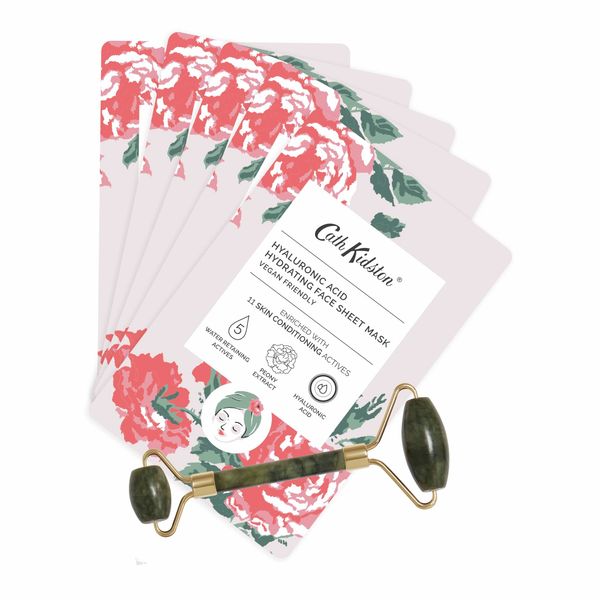 Cath Kidston The Garden Path Rollaway Gift Set | 5 Hyaluronic Face Sheet Masks & 1 Jade Facial Roller | Massage & Revive Tired Skin | Cruelty Free & Vegan Friendly