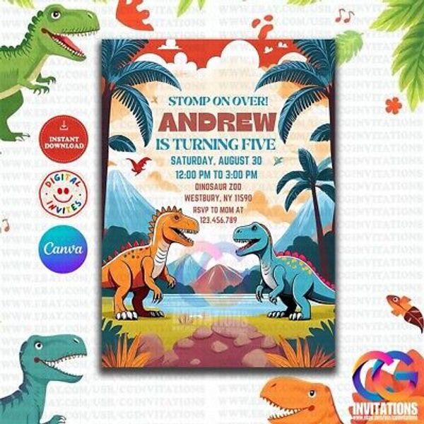 Editable Dinosaur Birthday Invitation, Dinosaur Birthday Party Invite Template