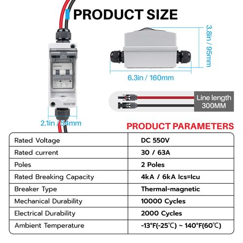 HCOVTXR Solar Panel Disconnect Switch 40 Amp,550V DC Circuit Breaker with Disconnect Box Outdoor,Miniature Circuit Breaker with PV Cable