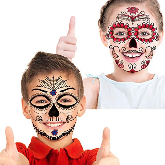 Halloween Temporary Face Tattoos, Black Skeleton Web Red Roses Full Face Mask  Tattoo for Women Men Adult Kids Boys Halloween Party Favor Supplies 