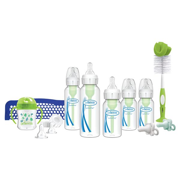 Dr. Brown's Natural Flow Baby Feeding Set with Anti-Colic Bottles, Transition Cup, Brush, and Silicone Pacifiers