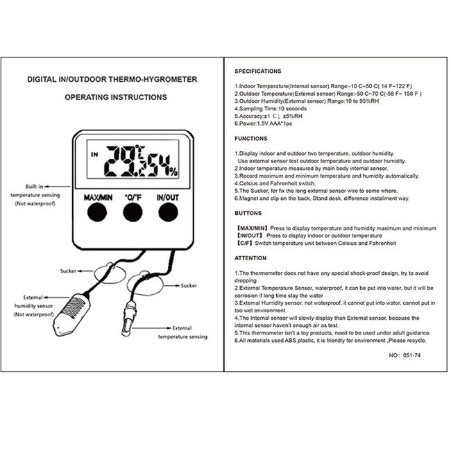 1pc Digital Temperature And Humidity Meter. LCD Display Outdoor Incubator  Thermohygrometer With Probe For Pet Hatching Eggs Sensor