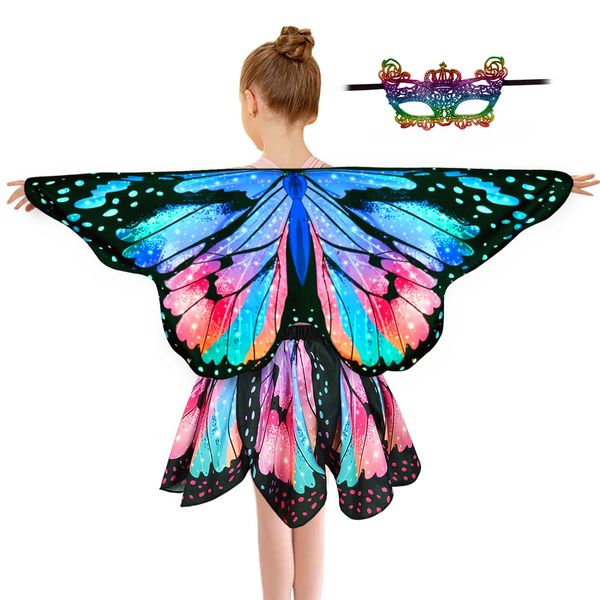 Sunlisky Kids Butterfly Wings Costume for Girls Fairy-Wings Toddler Dress Up Play Costumes Butterfly Skirt Set Mask Party Favors Gifts（Blue & Red）