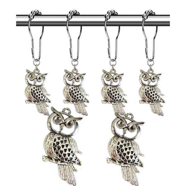 Aimoye Country Shower Curtain Hooks - Rust Proof Brushed Nickel Rings with Owl Pendant Accessories Set - Decorative Metal Shower Curtain Hooks and Rings for Bathroom Shower Curtain Rods, Set of 12