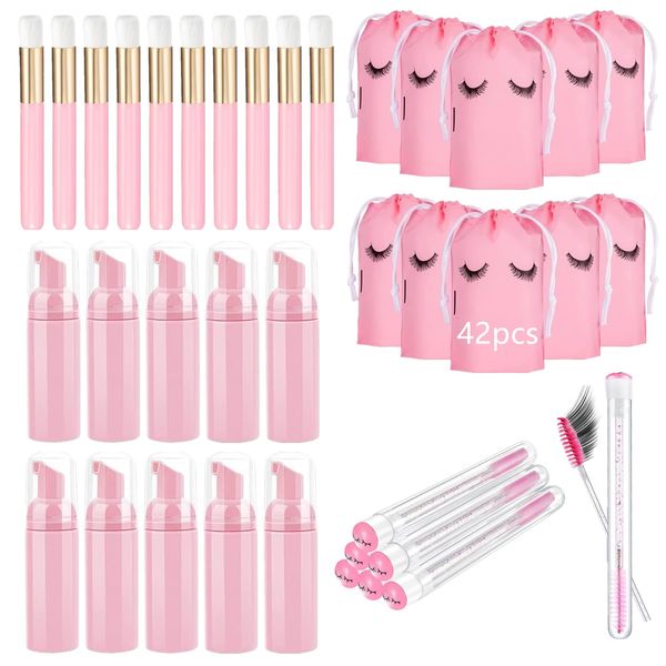 Joy Depot 42 Pcs Lash Shampoo Bottle Brushes Set,Include Eyelash Shampoo Foam Dispenser Bottle, Lash Shampoo Brushes, Lash Brushes Tubes, Eyelash Makeup Bag, for Women Boys Girls