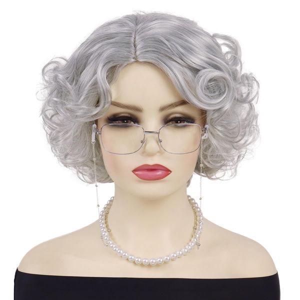 GNIMEGIL 12 Inch Costume Wigs for Older White Women Mommy Wig with Glasses, Chain and Necklace Mix Gray Short Curly Synthetic Wig Fake Scalp Grandma Granny Halloween Cosplay Wig Cancer Patients Gift