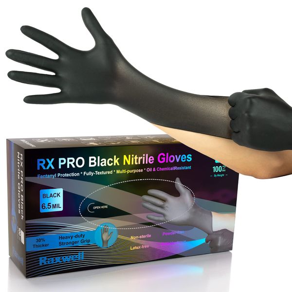 Heavy Duty Disposable Gloves Latex Free | 6.5 Mil Black Nitrile Gloves Large | 100 Count Powder Free Chemical Resistant Gloves | Food Grade, Food Safe, | Janitorial, Kitchen, & Mechanic Gloves