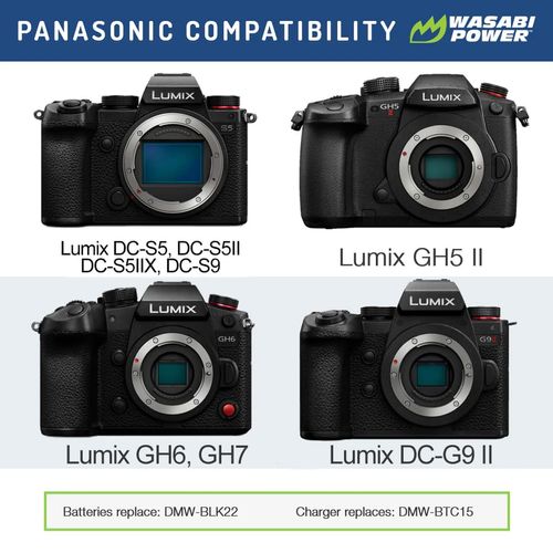 Wasabi Power Battery (2-Pack) and USB-C Dual Battery Charger for Panasonic DMW-BLK22 and Panasonic Lumix G9 II, GH5 II / GH5M2, GH6, GH7, S5, S5 II / S5II / S5M2, S5 IIX / S5IIX / S5M2X, S9