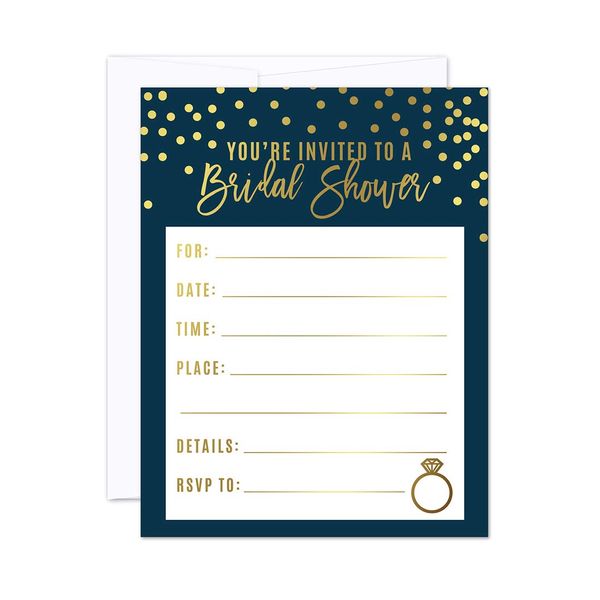 Andaz Press Navy Blue with Gold Metallic Ink Wedding Party Collection, Blank Bridal Shower Invitations with Envelopes, 20-Pack