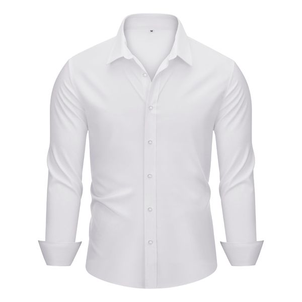 MAGE MALE Men's Dress Shirts Solid Long Sleeve Stretch Wrinkle-Free Formal Shirt Business Casual Button Down Tops White