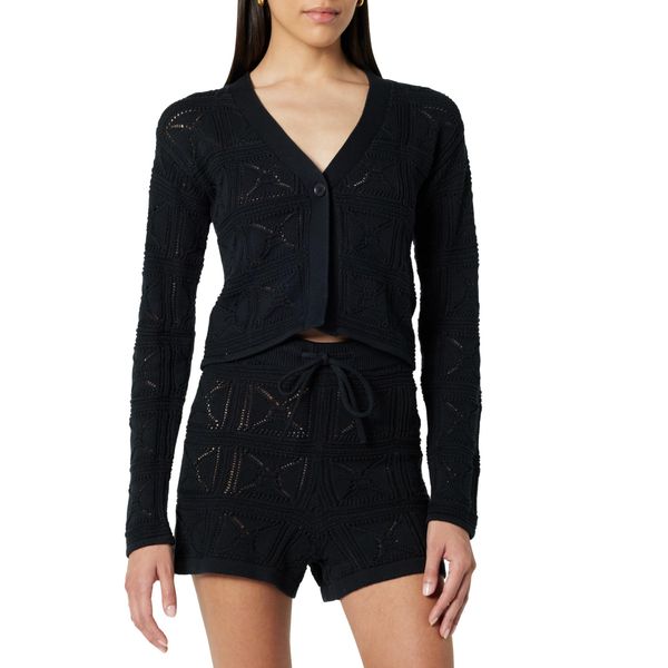 The Drop Damen Gehäkelte Strickjacke Lee, Schwarz, XXS