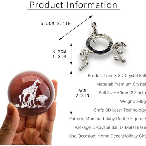 HDCRYSTALGIFTS 3D Crystal Ball 2.4inch Laser Engraved Mom and Baby Giraffe Figurine Collectibles Paperweight Glass Decorative Full Sphere with Stand