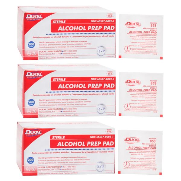 Sterile Alcohol Prep Pads, Medium, 853, Dukal (3 Boxes with 200 packs each)