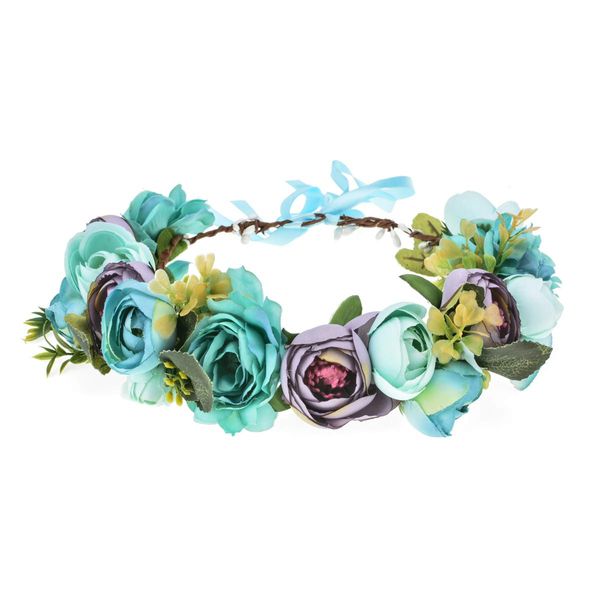 June Bloomy Women Rose Floral Crown Hair Wreath Leave Flower Headband with Adjustable Ribbon (White)