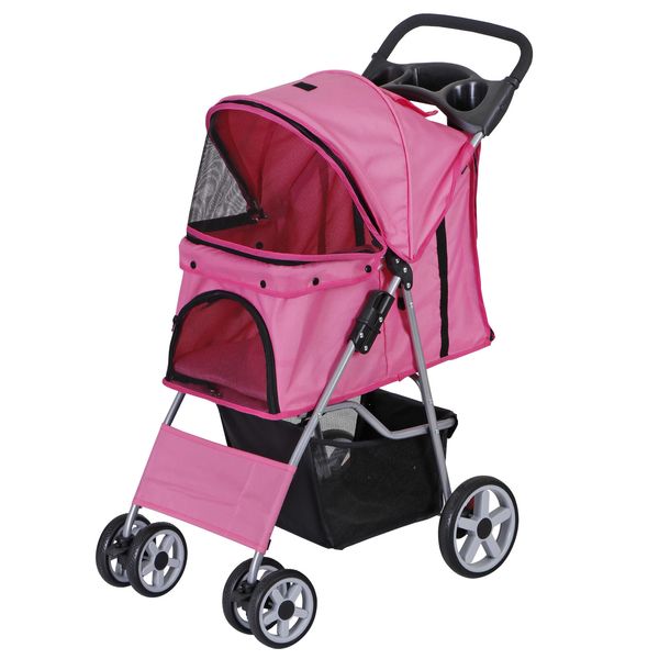 4 Wheels Pet Stroller Foldable Dog/Cat Stroller Cart with Cup Holder Pink