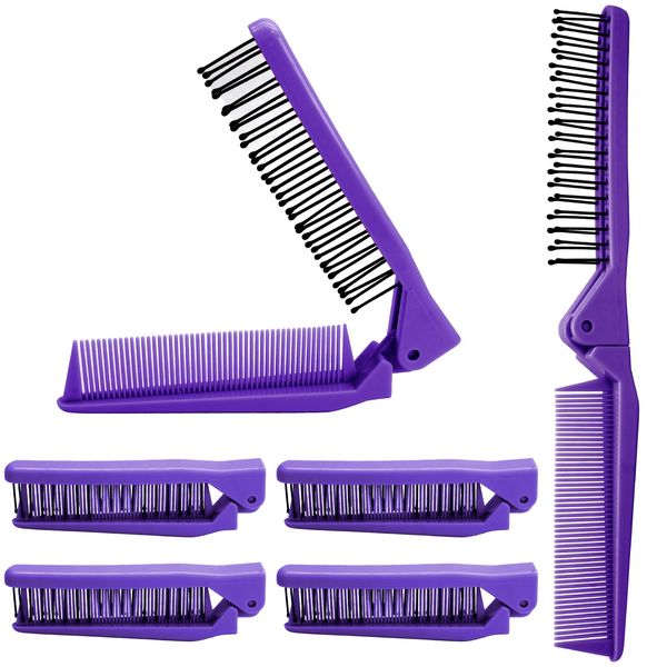 Qjaiune 6PCS Travel Foldable Brush Comb Portable Folding Comb, Anti-Static Hair Comb Mini Pocket Comb, Double Headed Hair Brush Hairdressing Tools Plastic Folding Comb for Men Women (Purple)