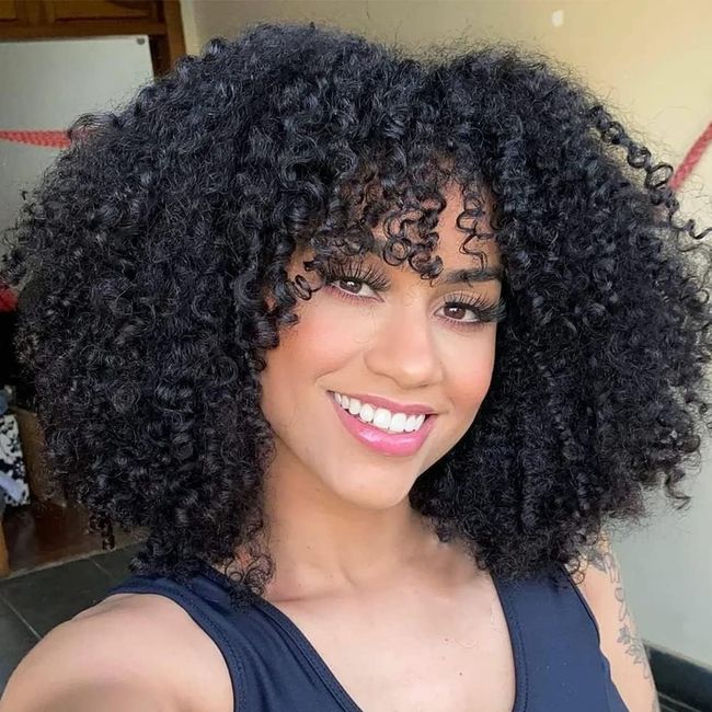 PORSMEER Short Kinky Curly Afro Wigs with Fringe Natural Looking Premium Synthetic Heat Resistant Hair Dark Black Wig for Black Women Ladies UK Cosplay and Daily,14 Inch