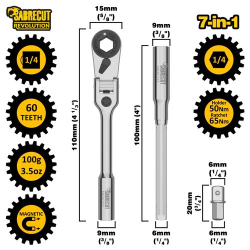 SabreCut 1 x MRSC07 7-in-1 Flex Head 6.3mm 1/4" HEX Magnetic Mini Micro Ratchet with Extension Bar & 1/4" Square Drive Socket Adapter Stainless Steel 60 Tooth Gear Hand Ratchet