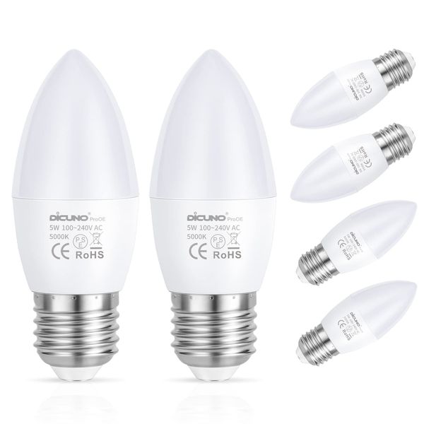 DiCUNO ProOE Eye-Protected E26 LED Bulb, High CRI 98, 5W E26 Candle Bulb, Daylight White 5000K, C37 40W Halogen Equivalent Decorative Light Bulb Replacement for Chandelier, Non-dimmable 6 Pack