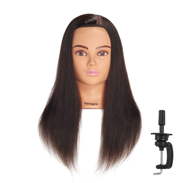 Hairingrid Mannequin Head 20"-22" 100% Human Hair Hairdresser Cosmetology Mannequin Manikin Training Head Hair and Free Clamp Holder (1906LB0214)