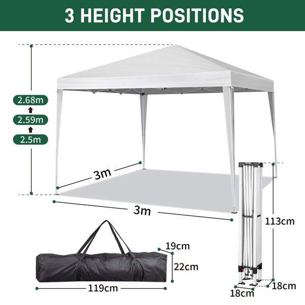 3x3m Waterproof Folding Tent with Two Doors and Two Windows White