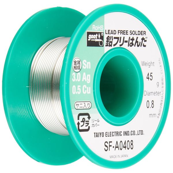 goot SF-A0408 Lead Free Solder, Φ0.03 inch (0.8 mm), 96.5% Tin, 3.0% Silver, 0.5% Copper, 0.5 oz (45 g), Reel Wind, with Tin,