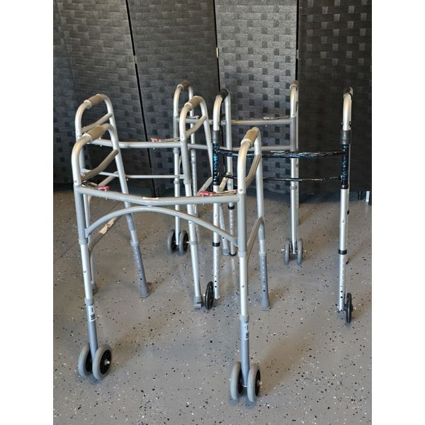 Drive Medical 10210-1 2-Button Folding Walker w/ Wheels, Rolling Walker, Silver