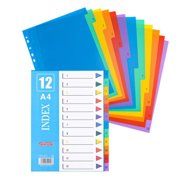 Radsocken 12 Part A4 Filer dividers,3 Pack Folder Dividers, Plastic Binder Dividers with Pre-Punched Hole& Content List, Assorted Colours A4 Subject Dividers for Leverl Arch Files Office School